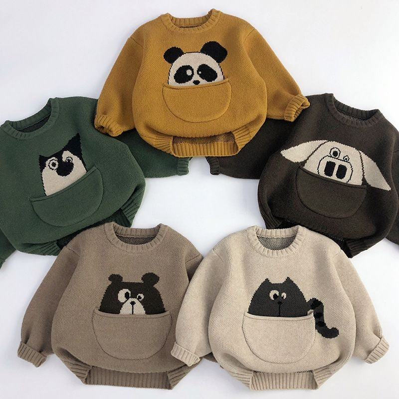 【CLOTHES】動物 ニットトップス ポケット付きセーター