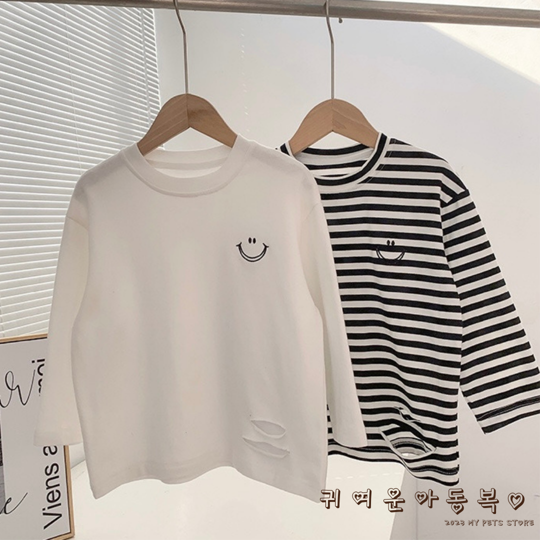 【Clothes】スマイル ボーダー柄 Tシャツ トップス