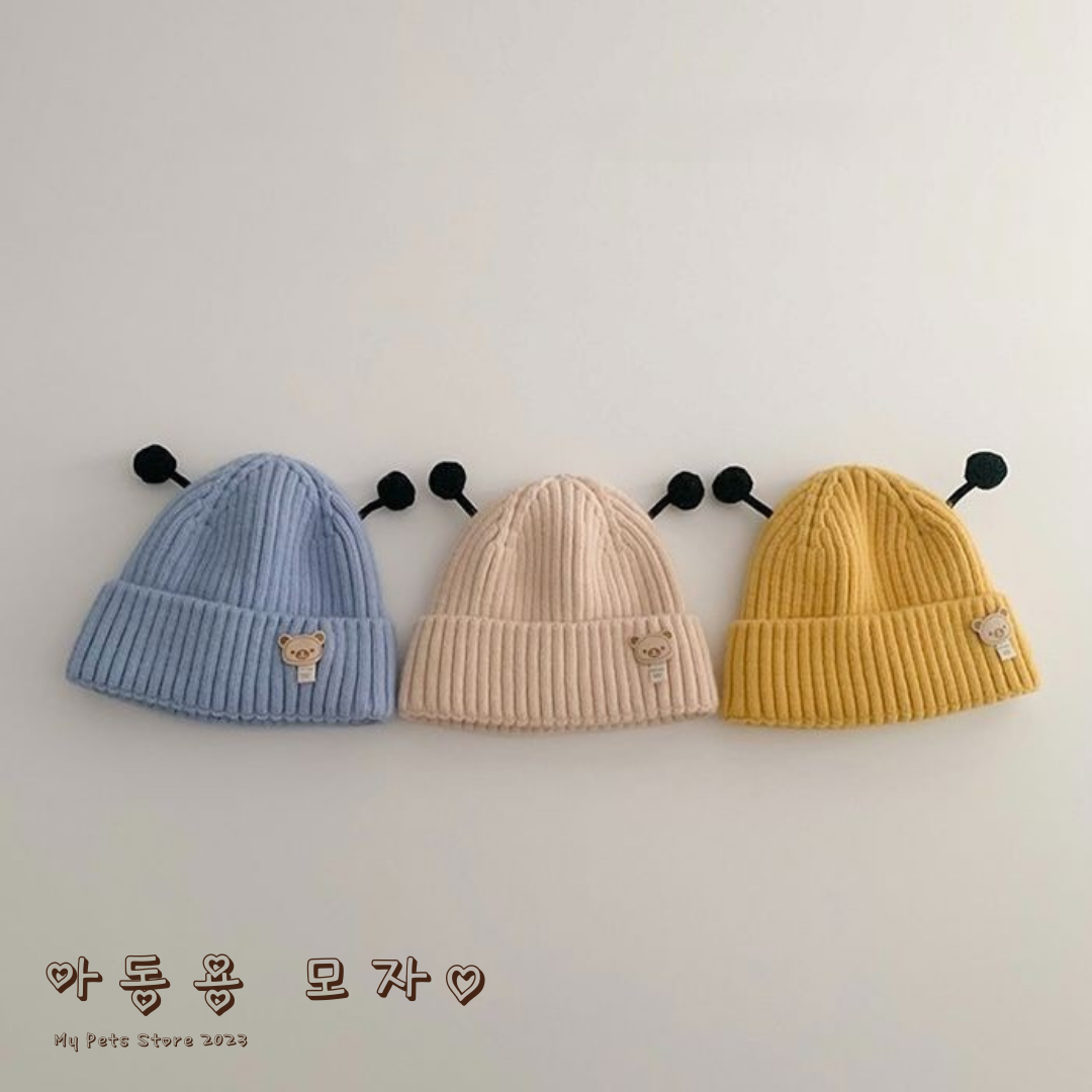 【Hats】熊ちゃん ニット帽子 ハチ耳付き 5色